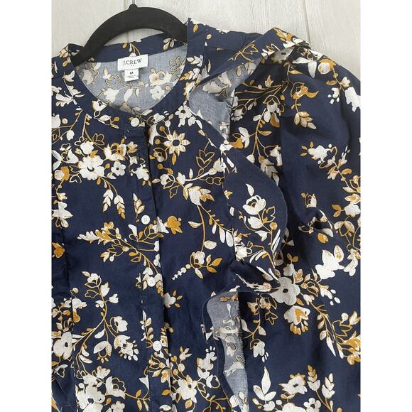 J Crew Shirt Women Medium Navy Gold Ruffle Trim Shoulder Chest Cotton Shirt - Picture 7 of 11
